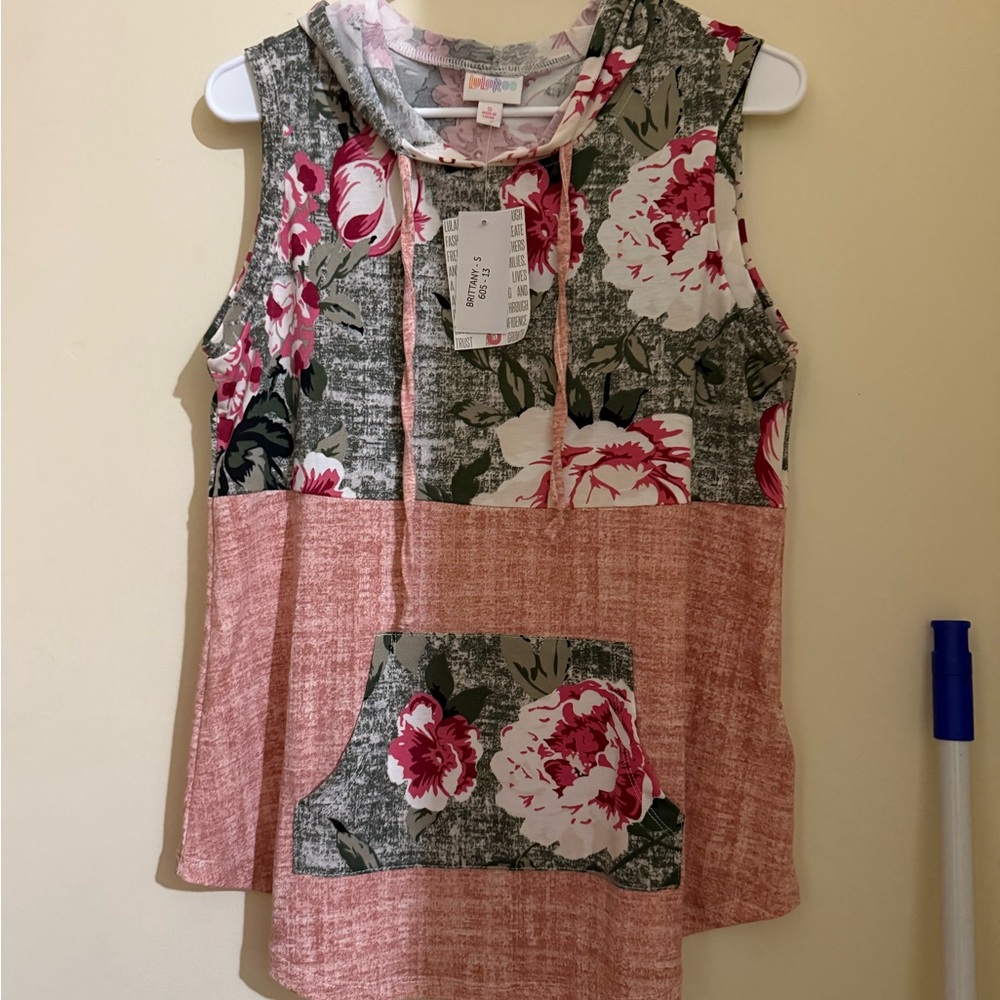 LuLaRoe Floral Sleeveless Hoodie - Pink and Gray